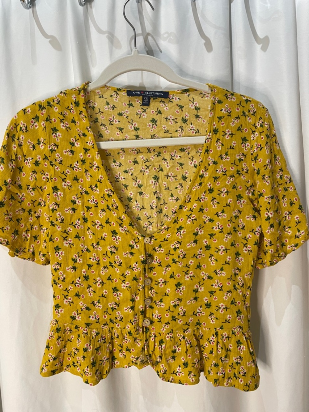one clothing Mustard Yellow Floral Button-Front Peplum Top
